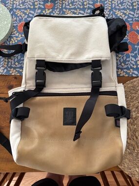 Topo Designs Canvas and Leather Backpack - Cream and Tan